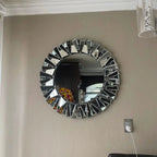 Unique Sunburst Decorative Wall Mirror Round 800MM Silver Beveled Glass Accent Mirrors Bathroom - MOOAZAA