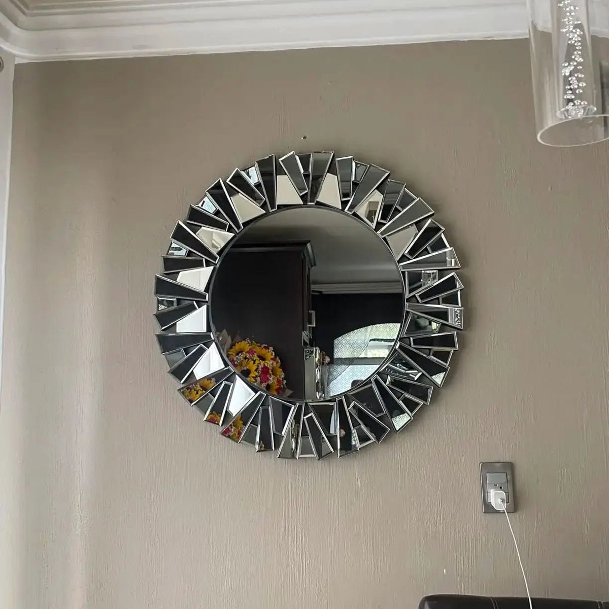 Unique Sunburst Decorative Wall Mirror Round 800MM Silver Beveled Glass Accent Mirrors Bathroom - MOOAZAA