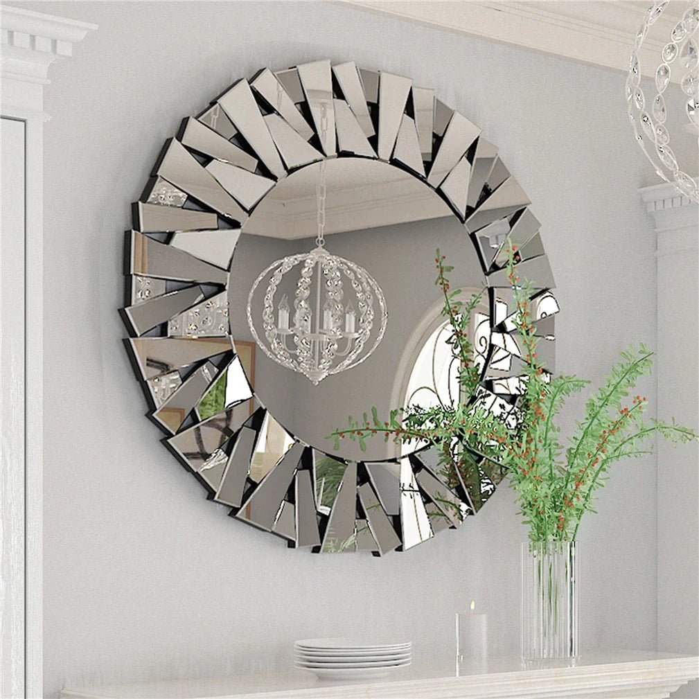 Unique Sunburst Decorative Wall Mirror Round 800MM Silver Beveled Glass Accent Mirrors Bathroom - MOOAZAA