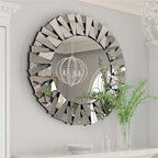 Unique Sunburst Decorative Wall Mirror Round 800MM Silver Beveled Glass Accent Mirrors Bathroom - MOOAZAA