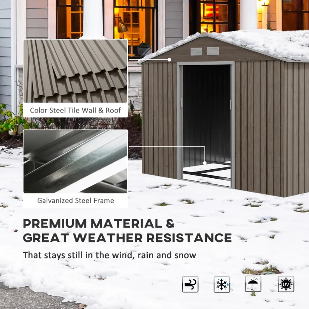 Storage shed with color steel wall and roof, galvanized steel frame, and text highlighting material quality and weather resistance.