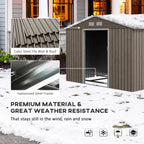 Storage shed with color steel wall and roof, galvanized steel frame, and text highlighting material quality and weather resistance.