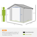Dimensions of a storage shed with a person for scale on a white background