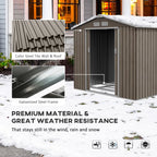 Storage shed with color steel tile wall and roof, galvanized steel frame, and text highlighting material quality.