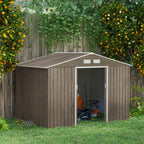 Wooden shed with open door in a garden setting with fruit trees