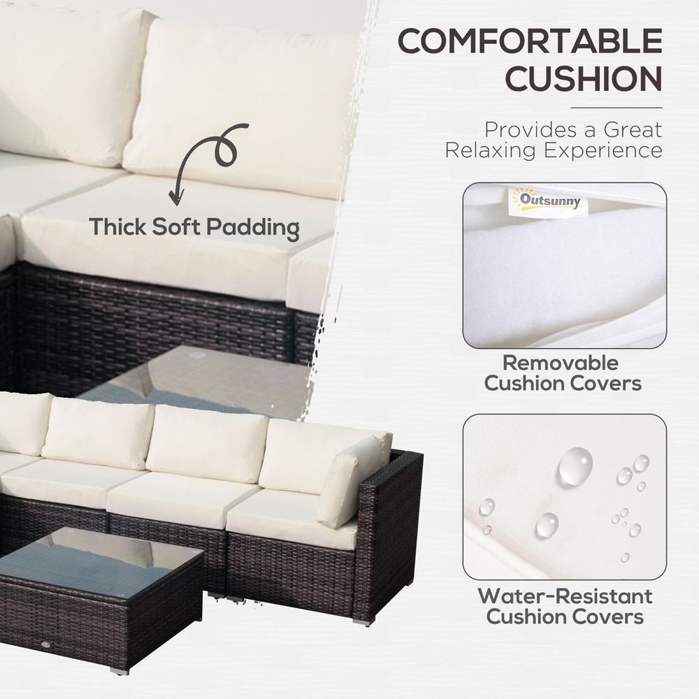 Outdoor furniture set with white cushions, highlighting comfortable cushion features.