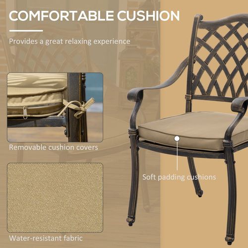 Chair with beige cushion and text highlighting features on a beige background
