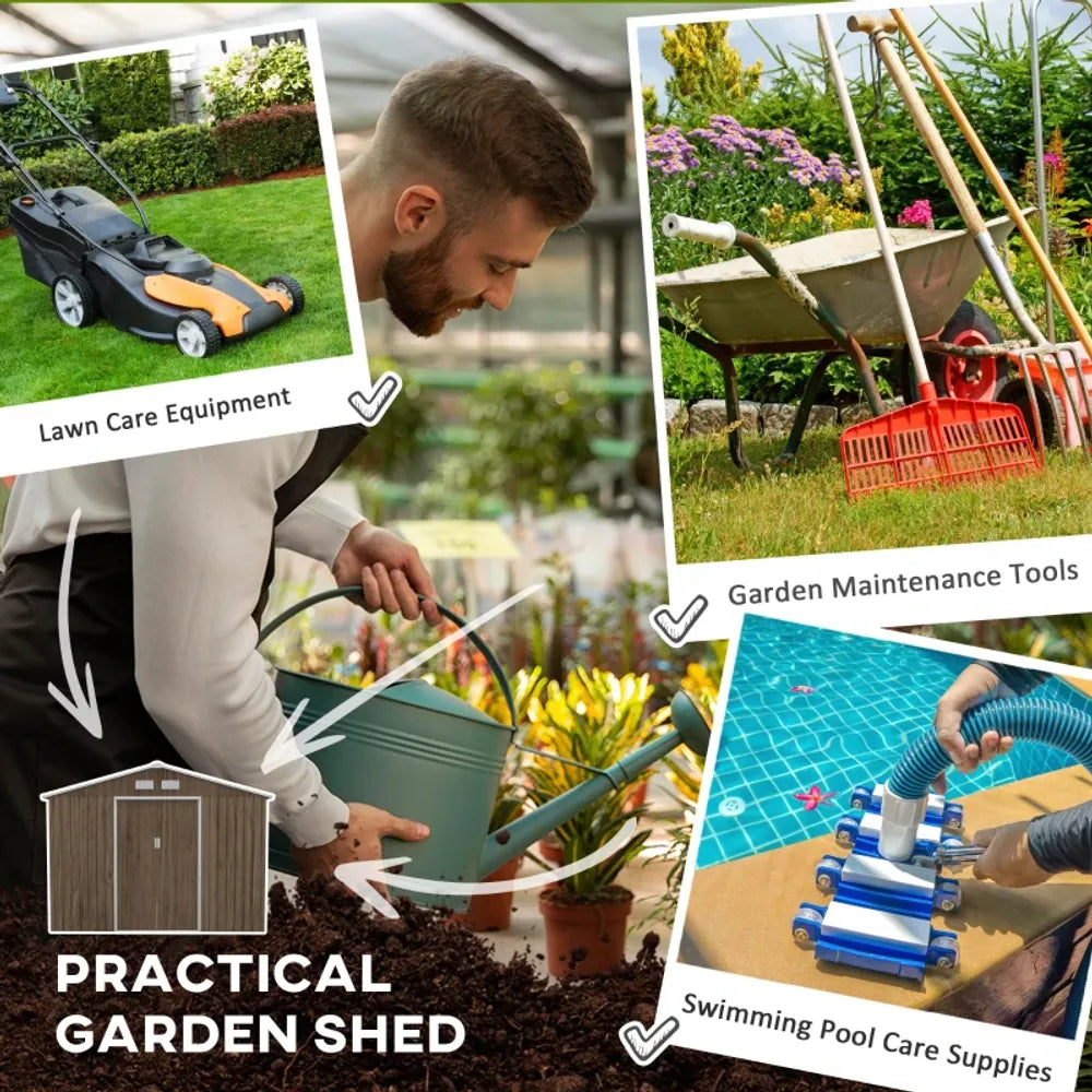 Collage of garden care products including lawn care equipment, garden maintenance tools, a garden shed, and swimming pool care supplies.