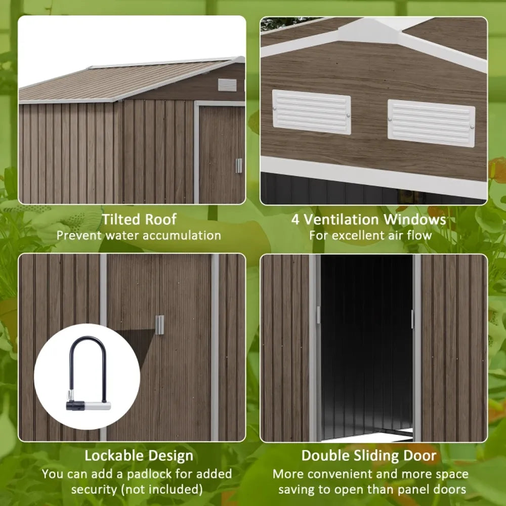 Collage of features of a storage shed with text on benefits.