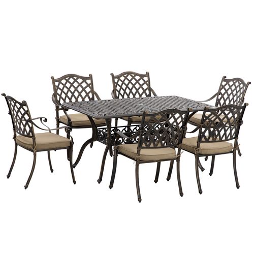 Outdoor dining set with a table and six chairs on a white background
