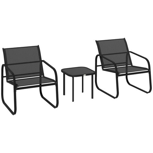 Two black outdoor chairs and a small table on a white background