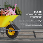 Yellow wheelbarrow with gardening items against a gray metal floor, emphasizing a floor foundation included feature.
