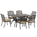 Outdoor dining set with a table and six chairs on a white background