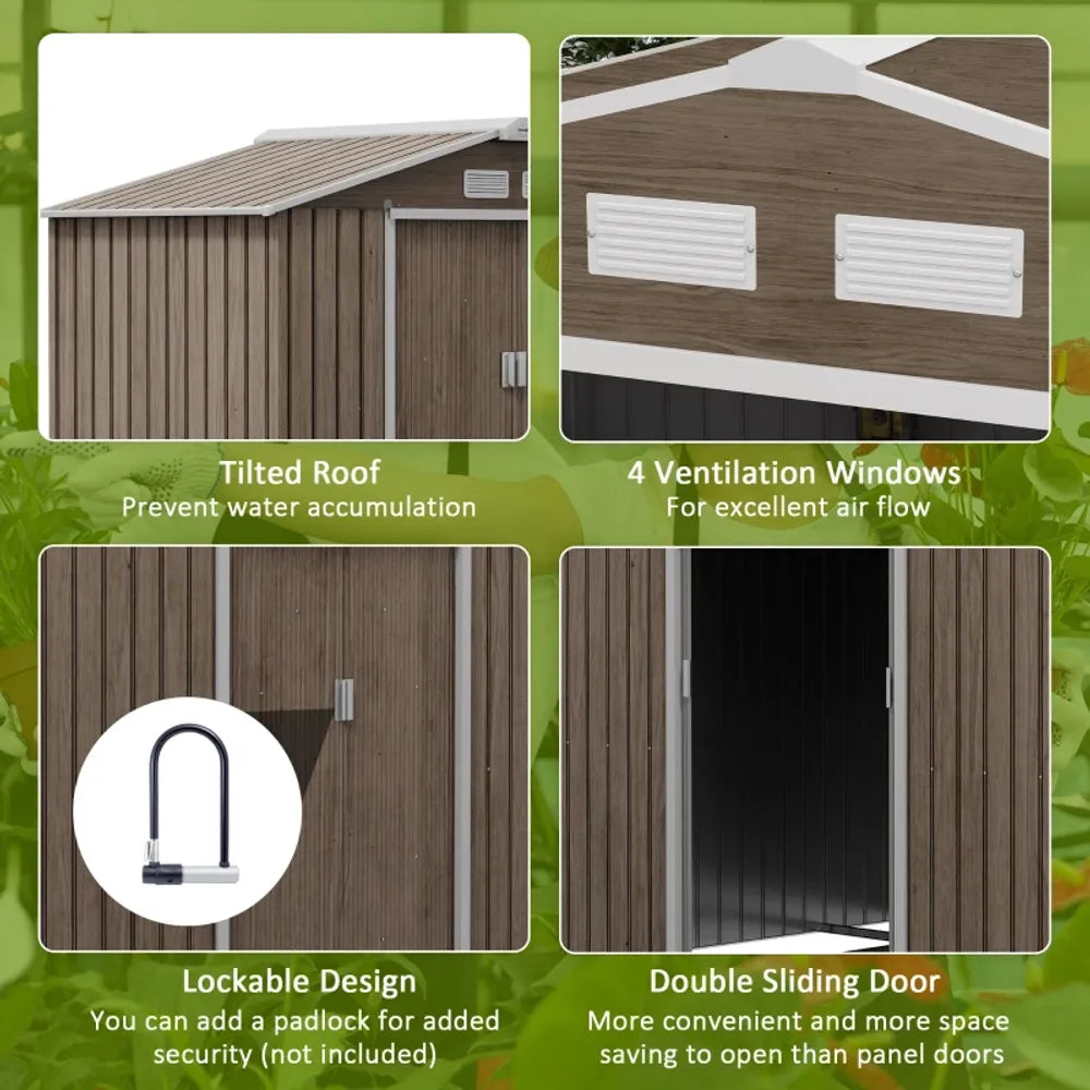 Collage of features of a wooden shed with tilted roof, ventilation windows, lockable design, and double sliding door.