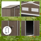Collage of features of a wooden shed with tilted roof, ventilation windows, lockable design, and double sliding door.