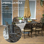 Outdoor patio set with umbrella hole feature on table