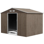 Brown metal storage shed with open door on a white background