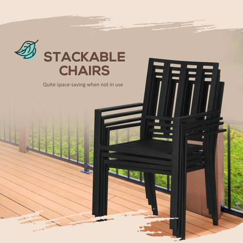 Outsunny 7 PCs Garden Dining Set w/ Stackable Chairs and Metal Top Table, Black