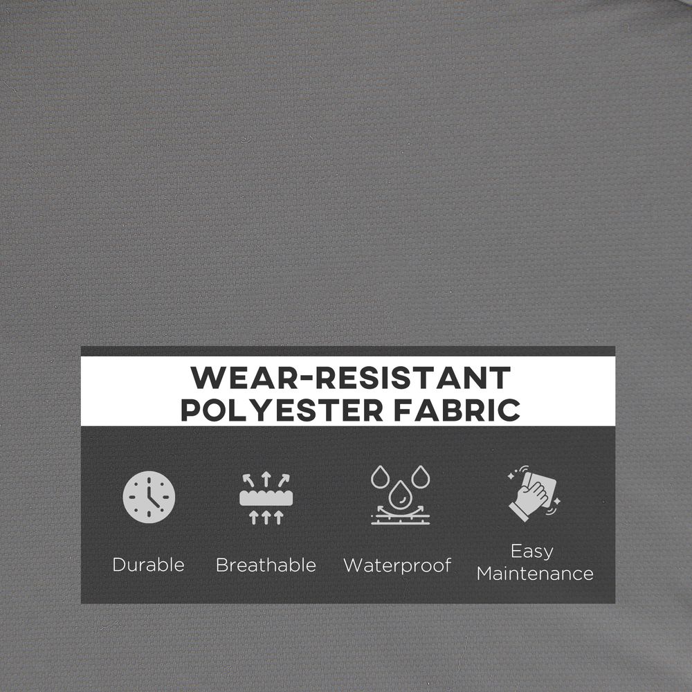 Label on gray fabric indicating wear-resistant polyester fabric with icons for durability, breathability, water resistance, and ease of maintenance.