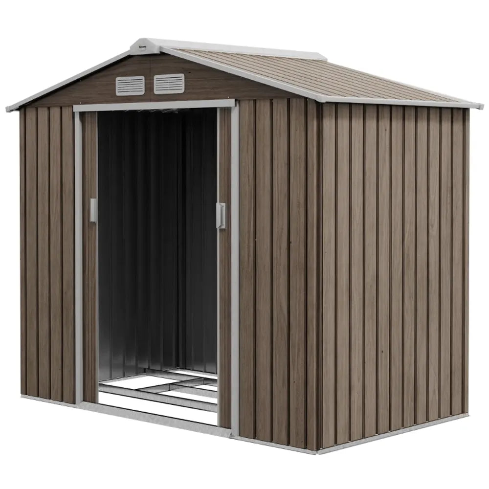 Brown metal storage shed with a white door on a white background