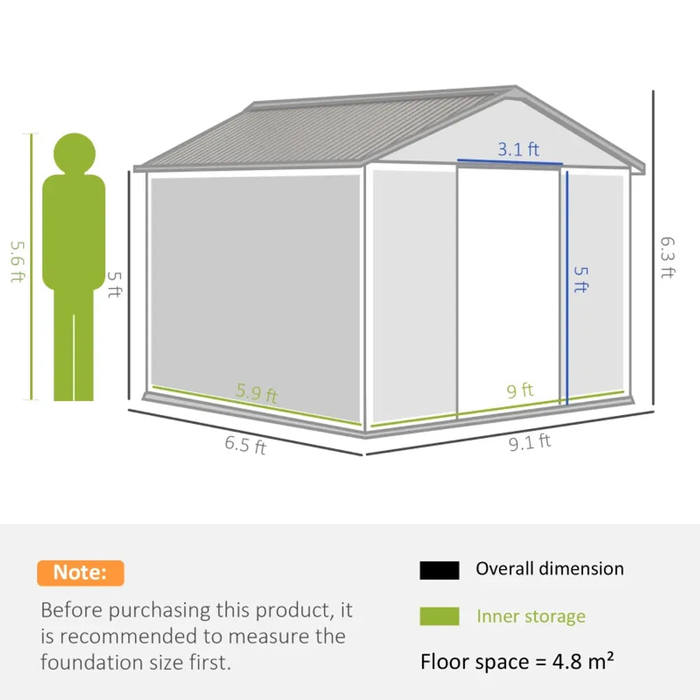 Measurement chart of a storage shed with dimensions and inner storage space details.