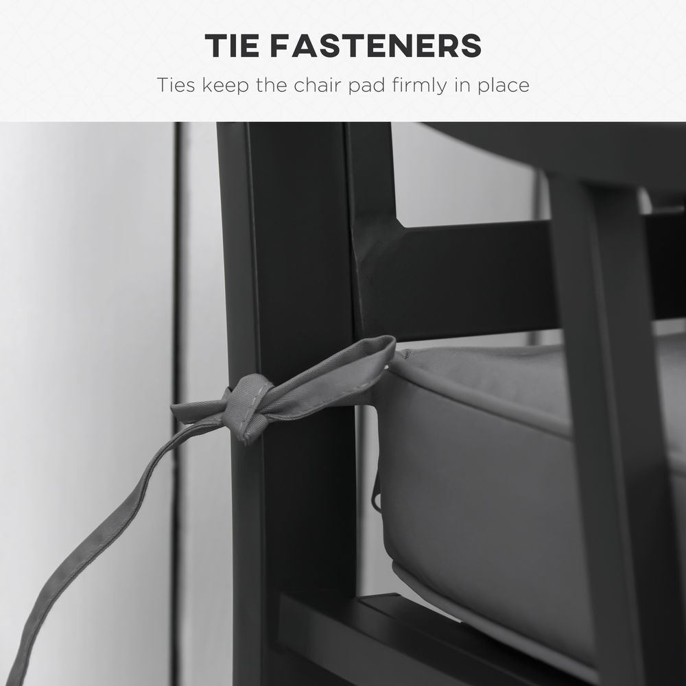 Chair with tie fastener holding a chair pad in place, with text explaining its function.