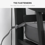 Chair with tie fastener holding a chair pad in place, with text explaining its function.