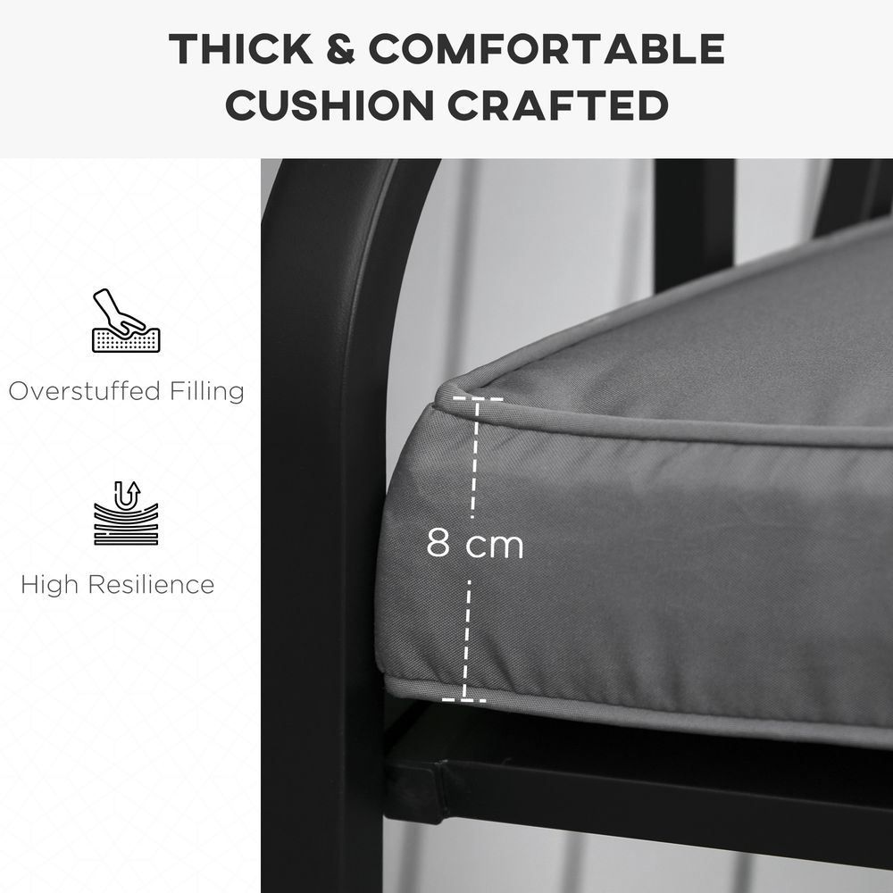 Gray cushion with text highlighting its thickness and comfort, on a white background.