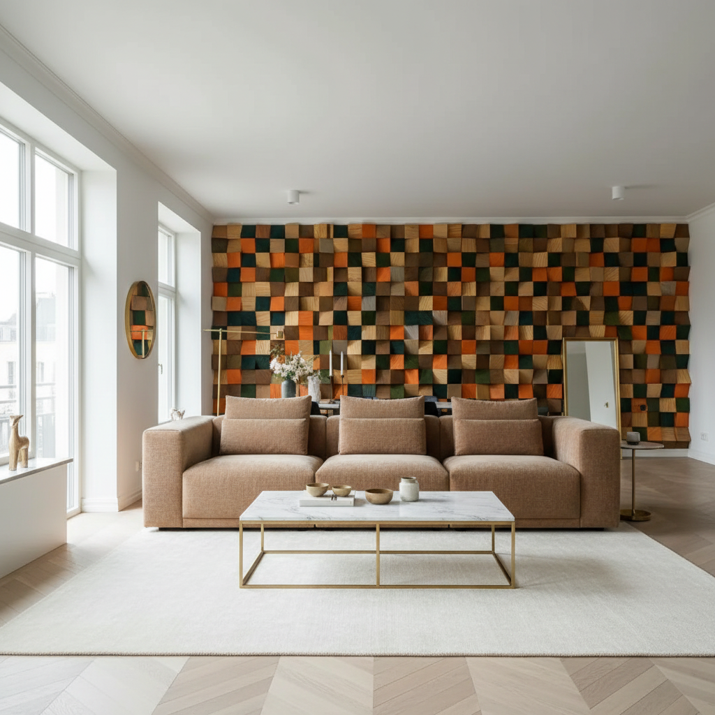 Modern living room with a brown sectional sofa, coffee table, and colorful geometric wall art.