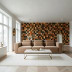 Modern living room with a brown sectional sofa, coffee table, and colorful geometric wall art.
