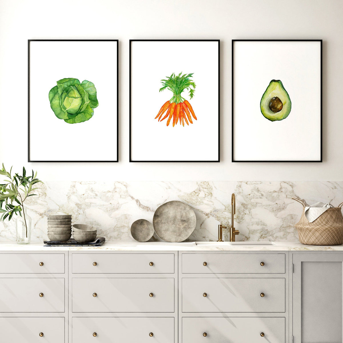Kitchen Art Work – Set of 3 Framed Vegetable Prints