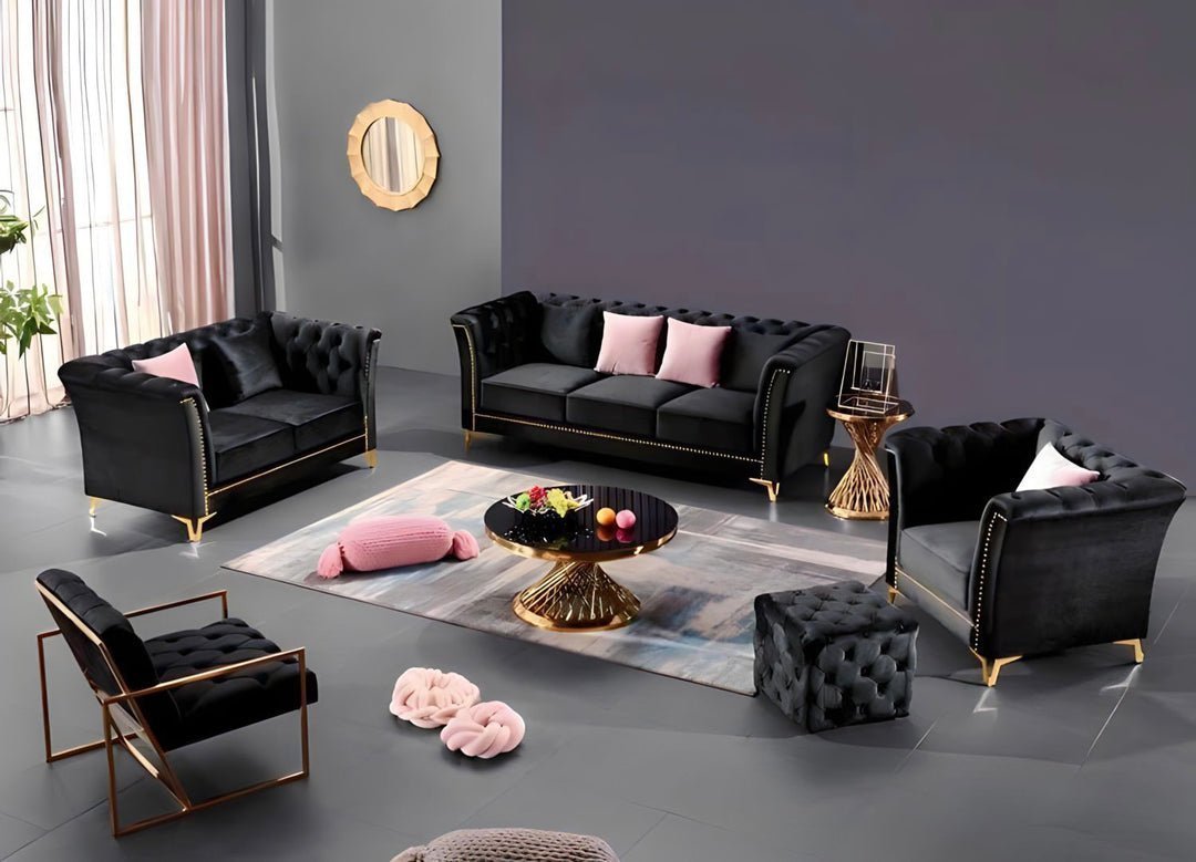 Venice Sofa Sets in Luxury Black Velvet - MOOAZAA 