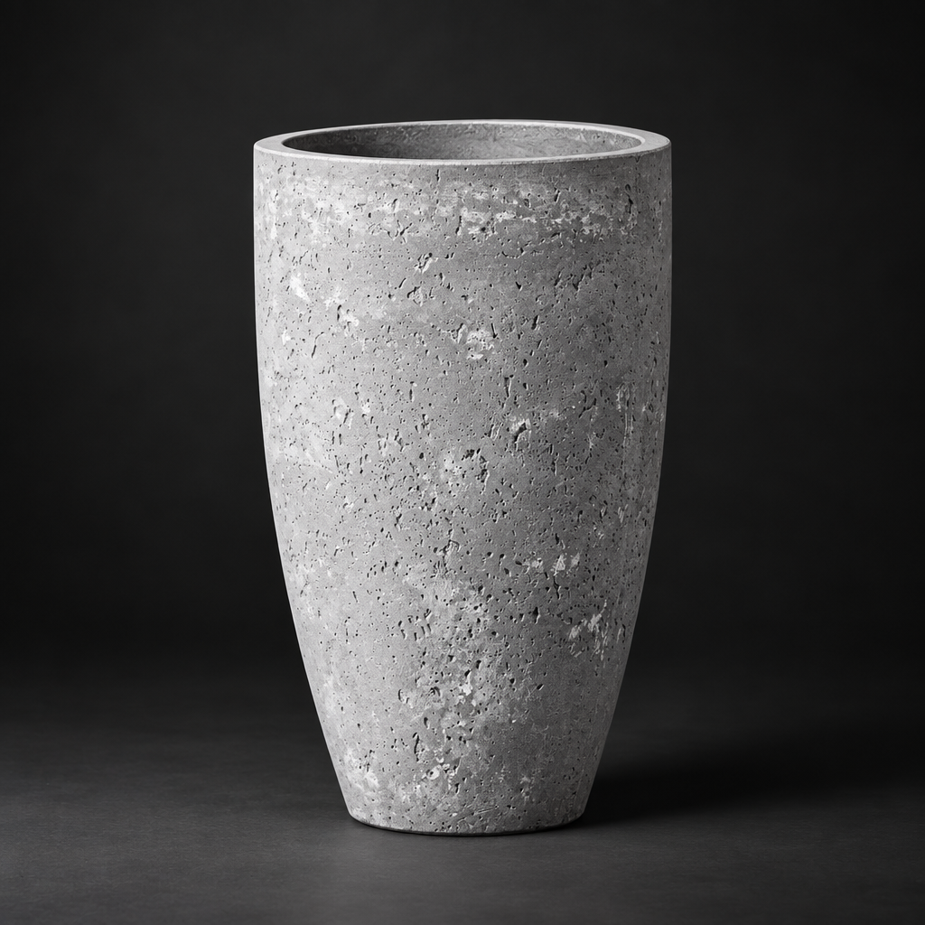 A tall, textured concrete planter pot with a tapered shape, shown on a dark studio background.