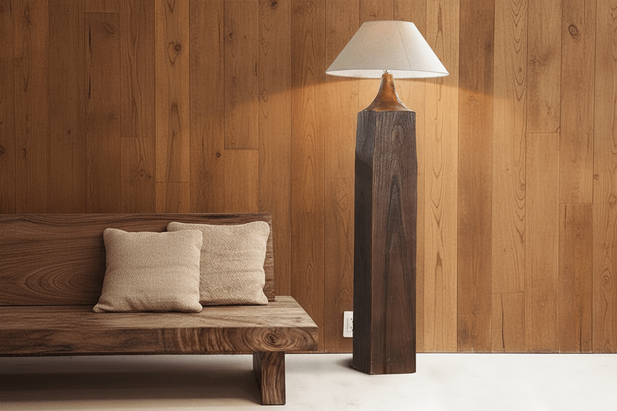 Vintage Distressed Solid Wood Floor Lamp – Retro Rustic Standing Light - MOOAZAA