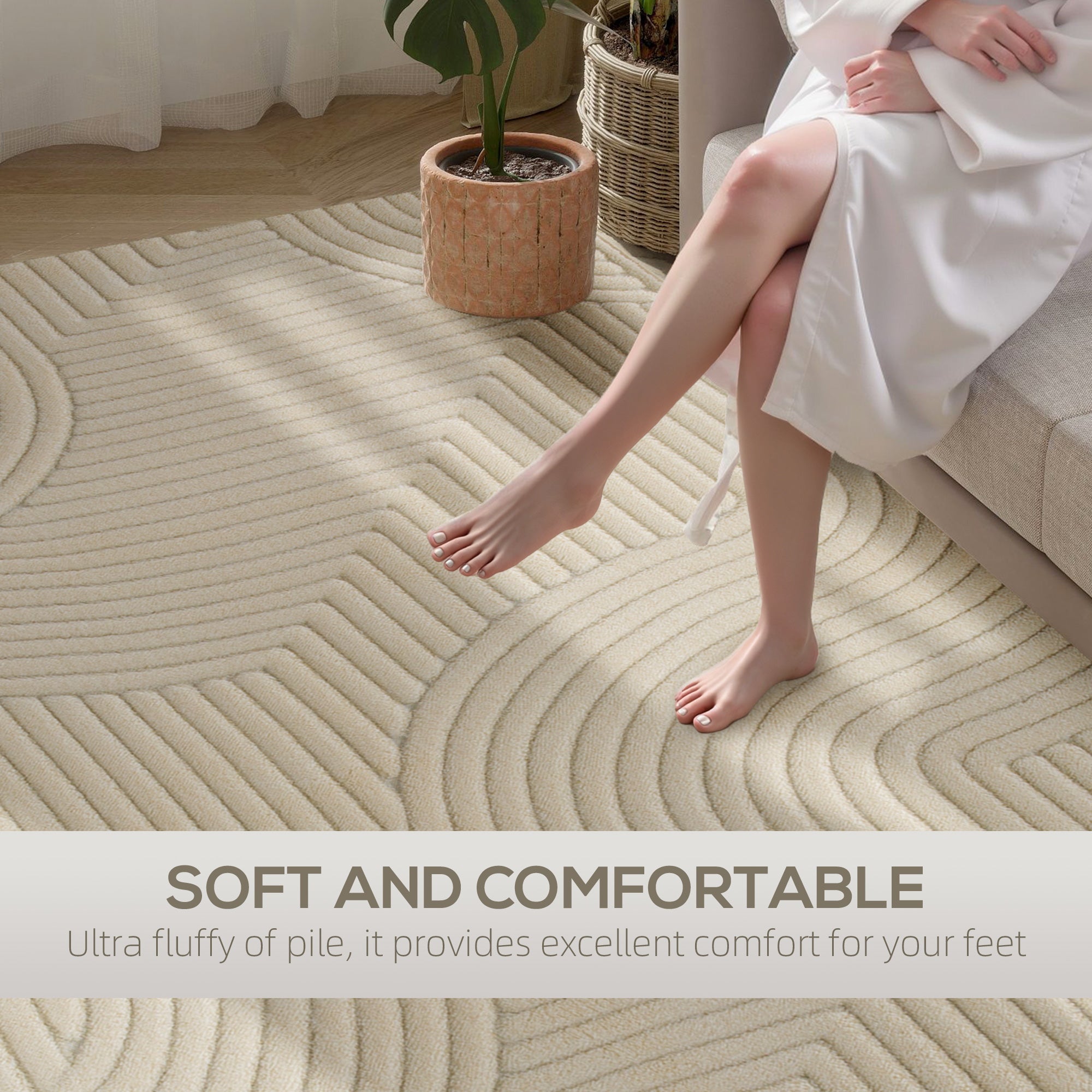 HOMCOM Modern Geometric Rug, Thick Plush, Non-Slip, 160 x 120 cm – Cream, Living Room/Bedroom/Office