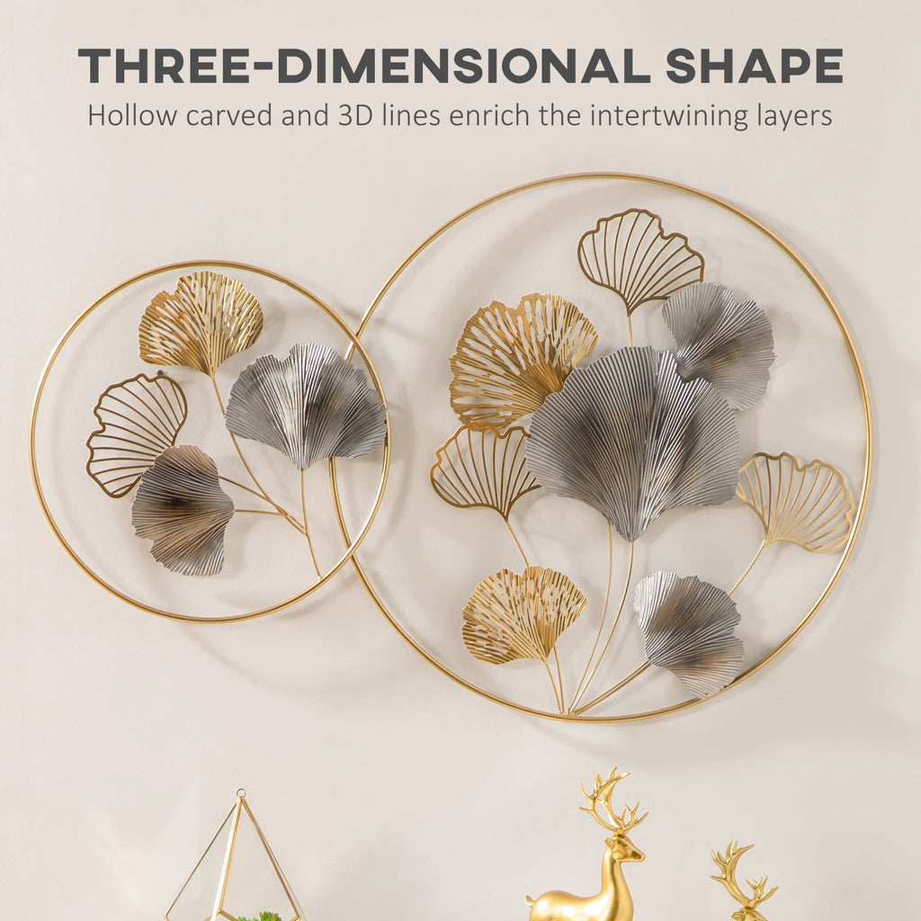 HOMCOM 3D Metal Wall Art Modern Ginkgo Leaves Hanging Wall Sculptures Home Decor for Living Room Bedroom Dining Room, Gold
