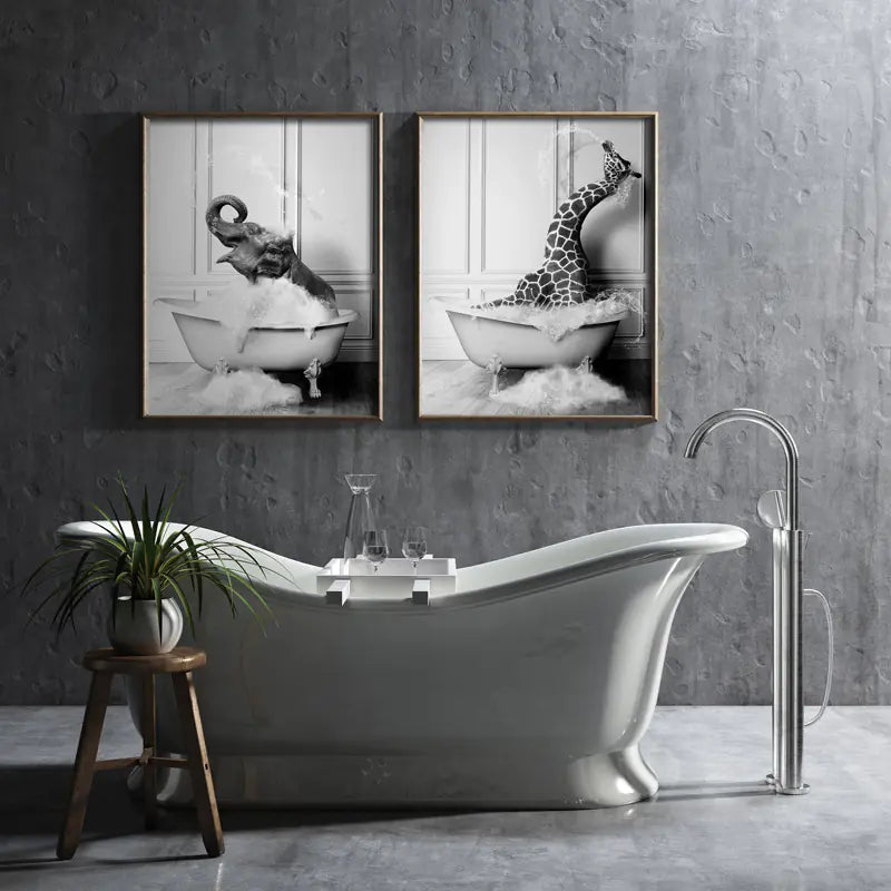 Modern Animal Bathroom Poster – Black & White Canvas Wall Art Print