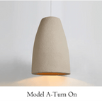 Textured pendant light on a plain background with 'Model A-Turn On' text.