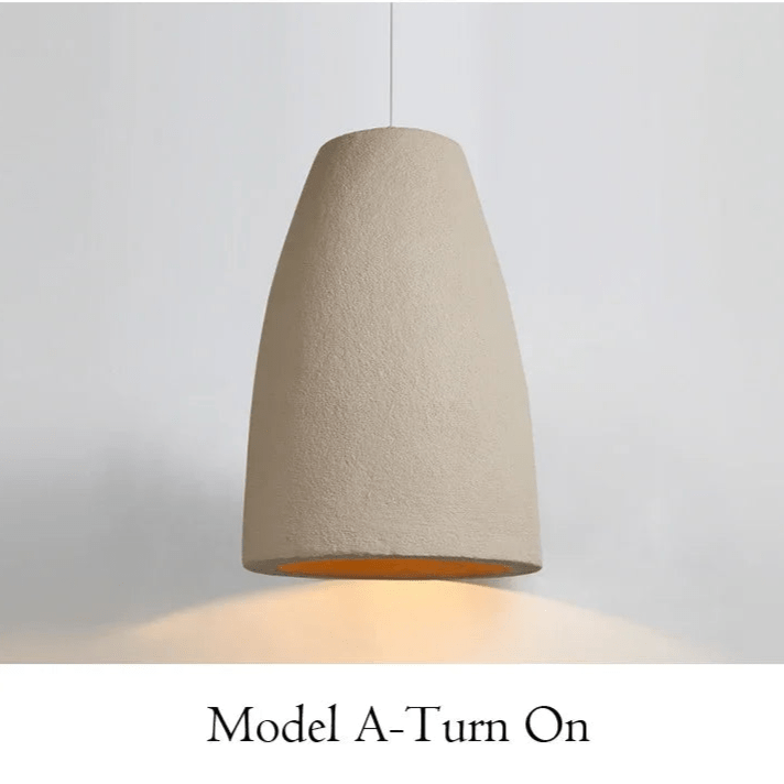 Textured pendant light on a plain background with 'Model A-Turn On' text.