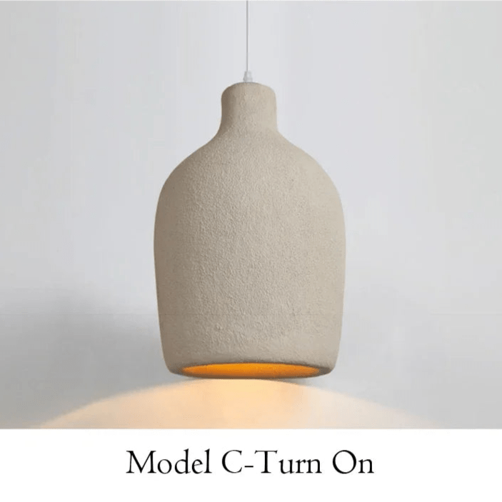 Beige pendant light on a gray background with 'Model C-Turn On' text.
