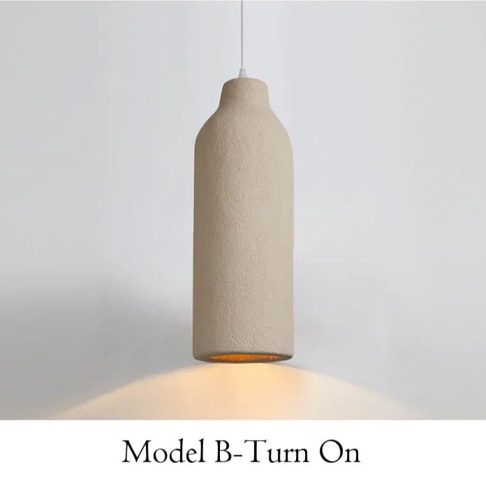 Beige pendant light on a gray background with 'Model B-Turn On' text.