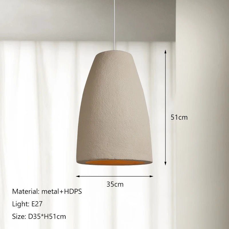 Beige pendant light with dimensions and material details on a neutral background