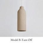 Beige pendant light on a white background with text 'Model B-Turn Off'.