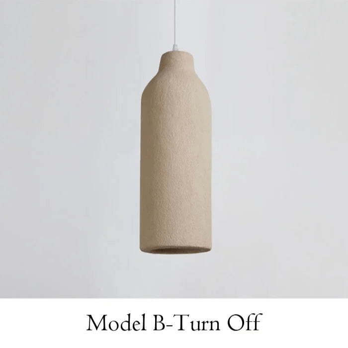 Beige pendant light on a white background with text 'Model B-Turn Off'.
