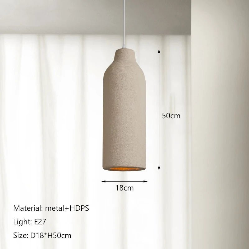 Beige pendant light with dimensions and material details on a neutral background