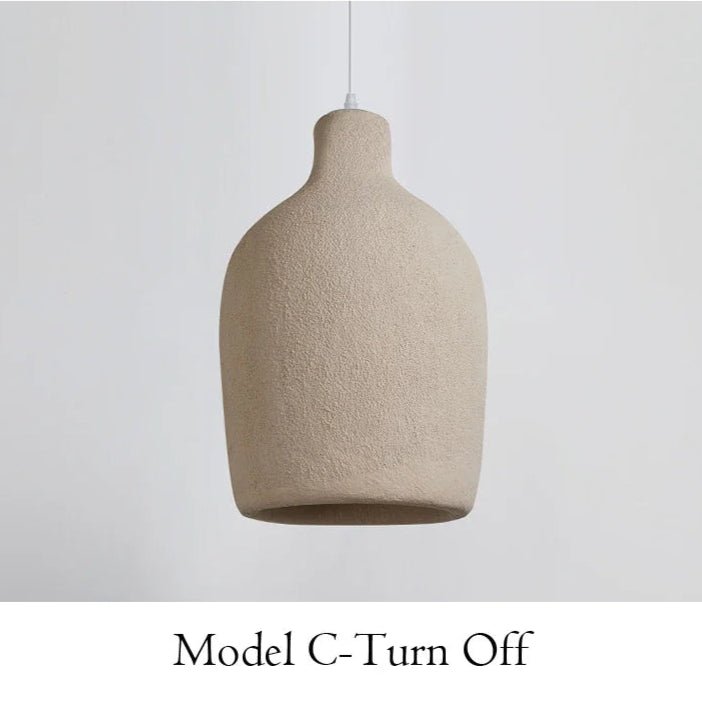 Beige pendant light on a plain background with text 'Model C-Turn Off'.