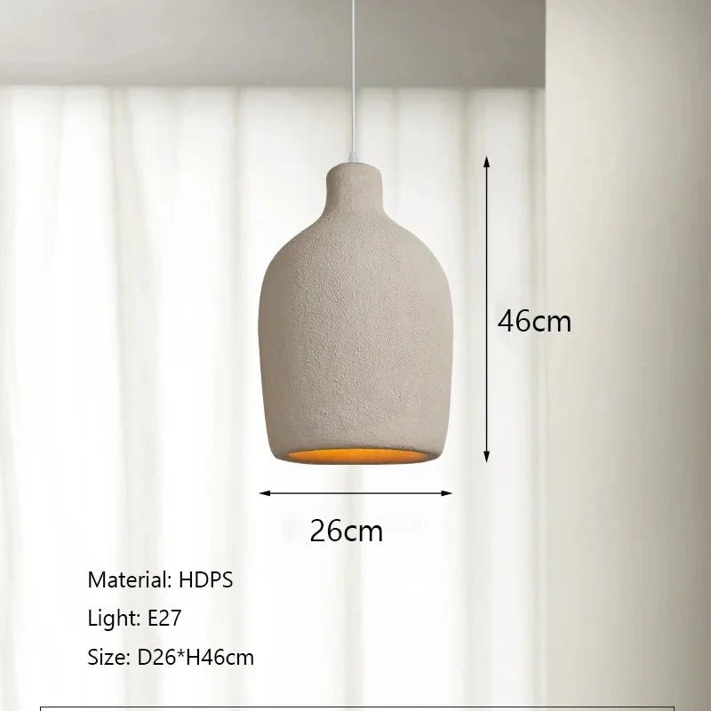 Gray pendant lamp with dimensions and material details on a white background