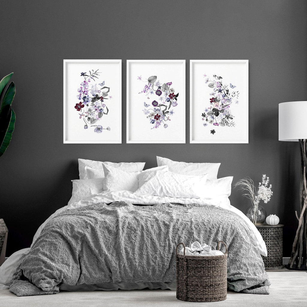 Set of 3 Wall Art for Bedroom – Shabby Chic Botanical Prints