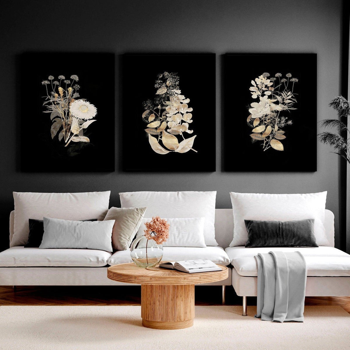 Wall Art for Living Room – Gold Floral Set of 3 Prints