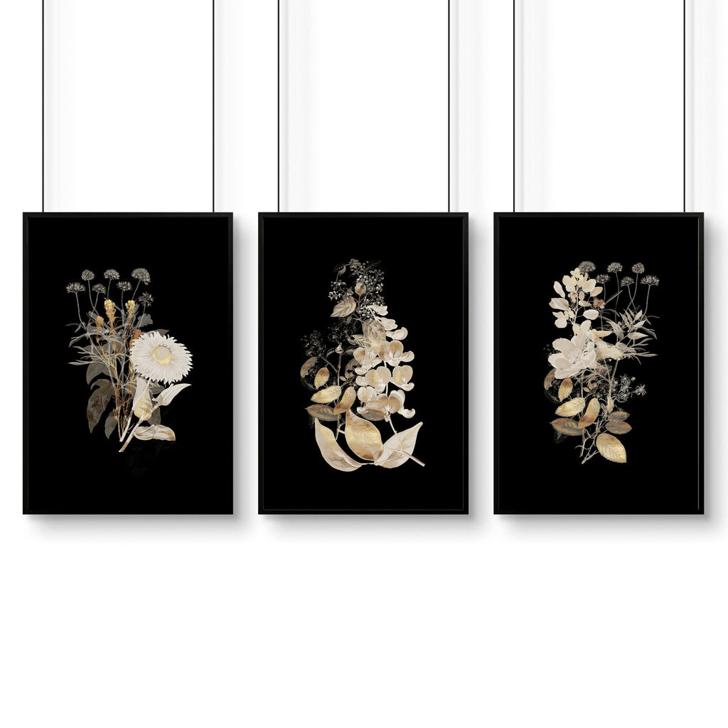 Wall Art for Living Room – Gold Floral Set of 3 Prints